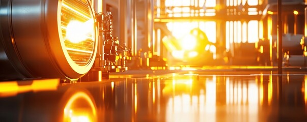 Poster - Detailed Futuristic Bright Yellow Industrial Scene Inside a Machine Factory with Golden Reflection