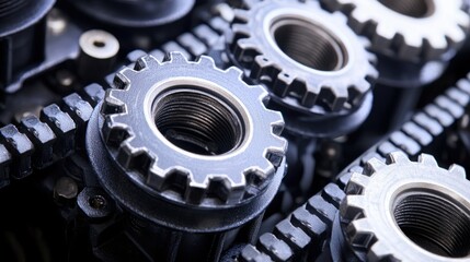 Poster - Intricate gears and chain interplay in a close up shot showcasing precision engineering and mechanical complexity with a dark industrial aesthetic