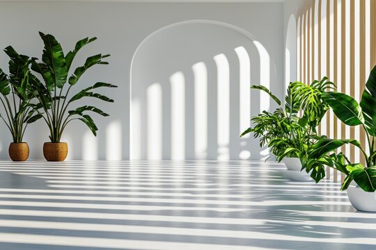 Serene interior setting featuring tropical plants light and shadow interplay on plain white background interior design
