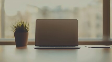Poster - Elegant office setup featuring sleek laptop modern desk plant paper and light filled window creates calm space