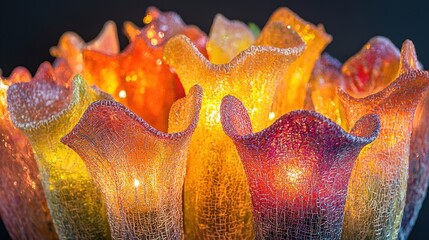 Aufkleber - Illuminated Floral Artistry Glowing Glass Flowers in Harmonious Colors on Dark Background Soft Lighting Detail