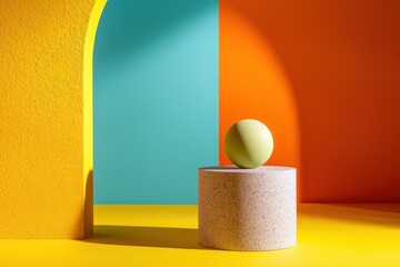 Poster - Abstract geometric composition of cylinder sphere and arch in bright vivid colors artful backdrop