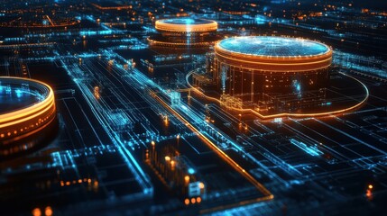 Poster - Futuristic data center with glowing circuit board design and luminous storage towers in a digital environment