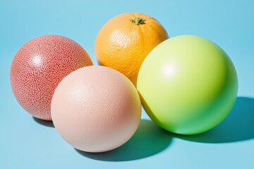 Aufkleber - Vibrant still life arrangement of colorful round textured objects against a serene cyan blue backdrop