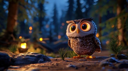 Adorable cartoon owl with big eyes standing in a forest at night with lanterns glowing in the background capturing a whimsical mood