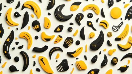 Banana shaped objects, black and yellow, on white background, for food concept art