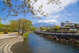 View of mt. Fuji and Kanda River from Fujisan Hongu Sengen Taisha shrine in Fujinomiya town, Shizuoka, Japan.