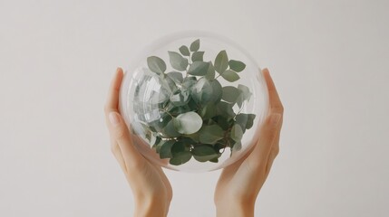 Wall Mural - Hands holding a glass terrarium with green leaves, showcasing a serene indoor environment