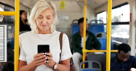 Poster - Bus, people and mature woman with cellphone, travel and communication with social media. Public transport, mobile user and commute with passengers, smartphone and digital app for email and message