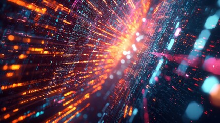 Fototapete - Abstract digital background with neon lights, bokeh, and motion blur