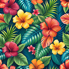  Vibrant Tropical Flowers and Leaves Seamless Pattern