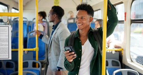 Poster - Bus, people and man with smartphone, smile or connection with public transportation. Thinking, mobile user or commute with person, cellphone or digital app for chatting, travel or message to contact