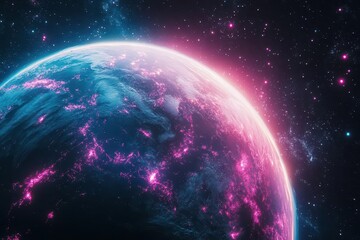 Wall Mural - neon-lit globe pulses with electric pink and teal streams, orbiting particles sparkle against a void