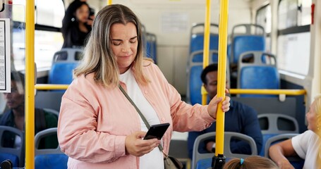 Poster - Bus, people and woman with smartphone, internet and communication with social media. Public transport, passenger and commute with email, cellphone and digital app for chatting and message to contact