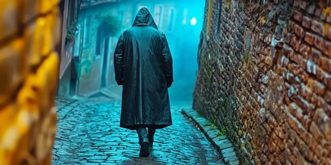 Wall Mural - A mysterious figure in a long coat walks down a foggy, cobblestone alleyway, illuminated by soft blue light, creating an eerie and atmospheric scene.