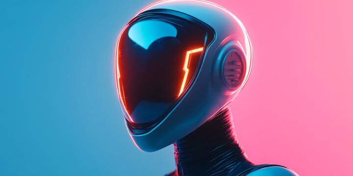 Futuristic robot head with a visor and neon lights