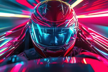 Wall Mural - race driver’s intense gaze pierces through a neon-lit cockpit, crimson and blue hues reflecting off 