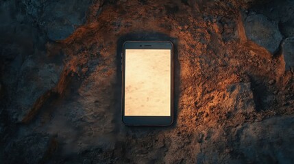 Poster - Smartphone on Rough Surface with Backlit Screen Creating Warm Glow in Dark Environment