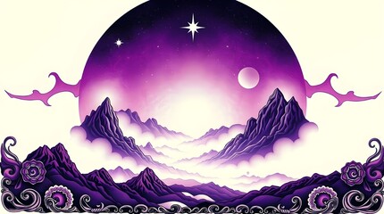 Wall Mural - A dreamy, mystical landscape features purple mountains under a starry sky with a glowing celestial body. Swirling patterns at the bottom add a whimsical touch, enhancing the fantastical atmosphere.