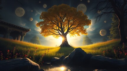 Wall Mural - A majestic tree with golden leaves stands illuminated by a radiant light against a mystical night sky, filled with glowing spheres. Enclosed by lush grass and dark silhouettes of foliage