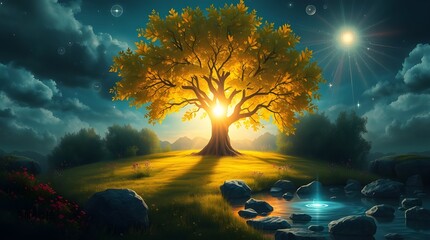 Wall Mural - A majestic tree, illuminated by a golden glow, stands at the center of a lush, green hill under a starlit sky. Surrounding the tree, a serene pond reflects the light