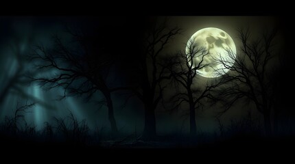 Wall Mural - A mystical nighttime scene reveals a full moon casting a serene glow over silhouetted trees. The dark, barren branches create a haunting yet enchanting atmosphere, blending into the foggy forest 