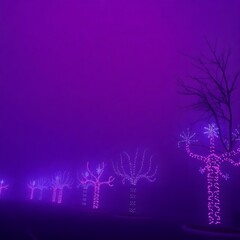 Wall Mural - purple-hued lighting envelops a series of trees wrapped in decorative lights, creating an ethereal a