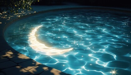 Poster - Crescent Moon Reflected in a Nighttime Pool