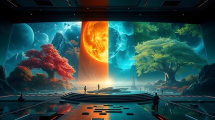 Wall Mural - A futuristic scene portrays a vast, immersive environment split between a vibrant celestial landscape and serene natural elements, featuring planets and glowing trees. 