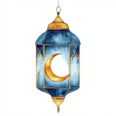 Wall Mural - Blue and Gold Watercolor Lantern with Crescent Moon