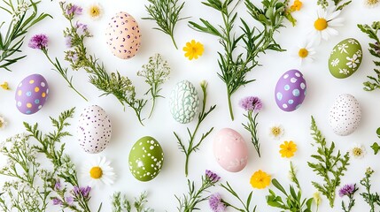 Wall Mural - Beautifully Decorated Easter Eggs Surrounded by Fresh Greenery and Flowers