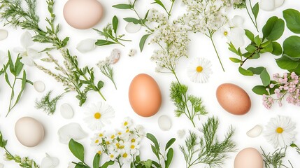 Wall Mural - Beautifully Decorated Easter Eggs Surrounded by Fresh Greenery and Flowers