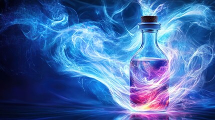 Poster - Ethereal Glass Bottle with Colorful Swirling Smoke and Vibrant Light Effects on a Dark Background