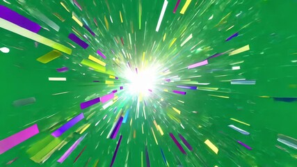 Poster - Vibrant confetti bursting, spreading colorful fragments with dynamic energy across green background, radiating festive celebration motion for graphic design projects