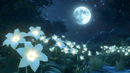 Wall Mural - a dreamy scene of glowing moonflowers under a full moon in a quiet garden