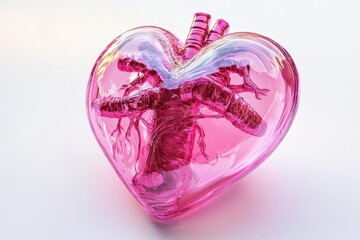 Wall Mural - shiny pink heart beats with glossy veins on a stark white void, radiating love and vitality in a bol