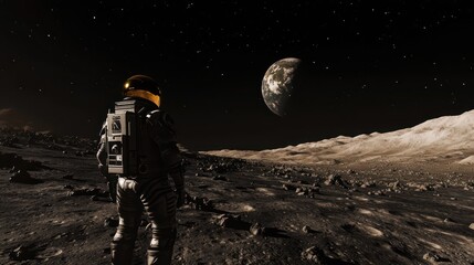 astronaut on alien planet, gazing at earth. space exploration, lunar landscape. science fiction