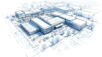 Architectural Blueprint Sketch Modern Building Complex Design Plan Aerial View Detailed Drawing Urban Development Project Blueprints map city town    