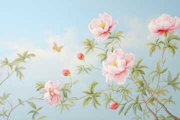 Poster - Peony branch border painting flower nature.