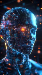 Poster - A futuristic humanoid robot with a glowing eye, showcasing intricate circuitry and digital patterns, set against a backdrop of vibrant, abstract technology