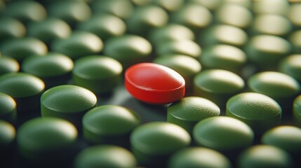 Red pill highlighted among green pills, 3D render, concept of individuality, sharp and clear