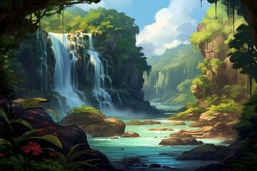 Poster - Lush waterfall landscape outdoors nature.