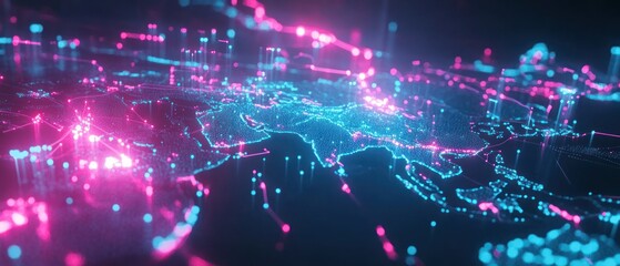 Poster - Abstract digital map with vibrant neon connections