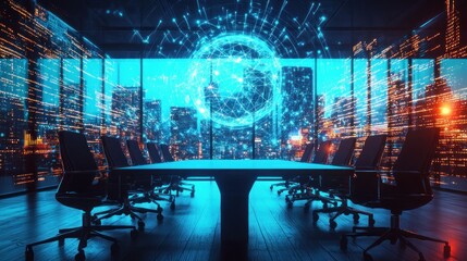 Poster - A futuristic conference room with a large round table, illuminated by vibrant blue digital graphics and a city skyline backdrop, suggesting innovation and collaboration