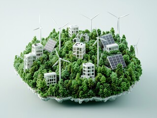 Poster - a breathtaking aerial view of a futuristic floating island powered by renewable energy, wind turbines and solar farms harmonizing with dense forests, high-tech eco-homes integrated into nature,