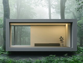 Poster - a minimalistic smart home in the middle of a dense jungle, transparent walls revealing an open connection with nature, biometric-controlled eco-tech furniture, subtle lighting enhancing natural