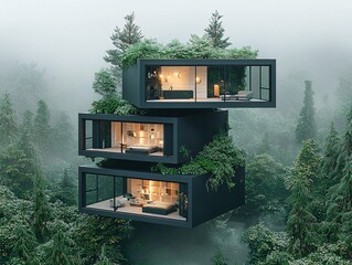 Poster - a minimalistic smart home in the middle of a dense jungle, transparent walls revealing an open conne