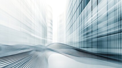 Poster - A dynamic cityscape featuring abstract architectural lines and blurred reflections, illustrating motion and modernity in an urban environment