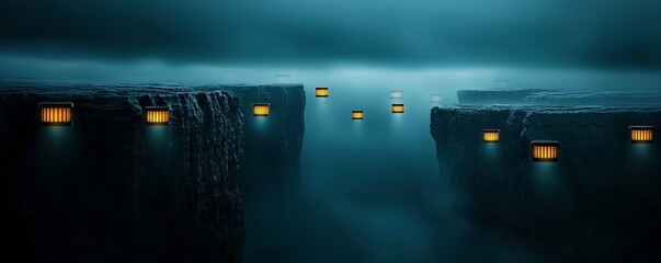Poster - a misty mountain landscape with floating digital lanterns, ancient nature infused with futuristic technology, a poetic and artistic fusion of the old and new, atmospheric lighting, cinematic quality,