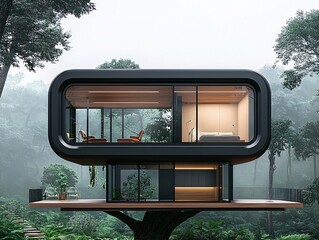Poster - a high-tech treehouse with smart glass panels, ai-driven environmental monitoring, sleek minimalist 